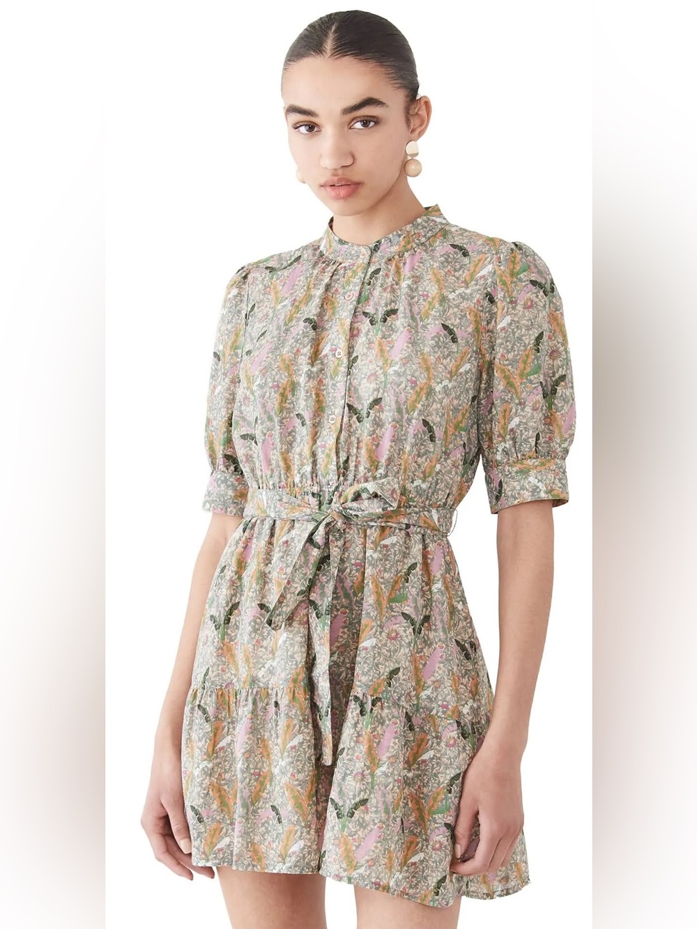 ba&sh Printed Tie-Waist Mini Dress in Pink, Green, Tan. Jasmine Dress